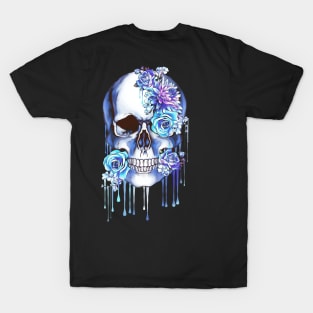 Floral, flowers and skull, Human anatomy, bones, blue style drops color paint T-Shirt